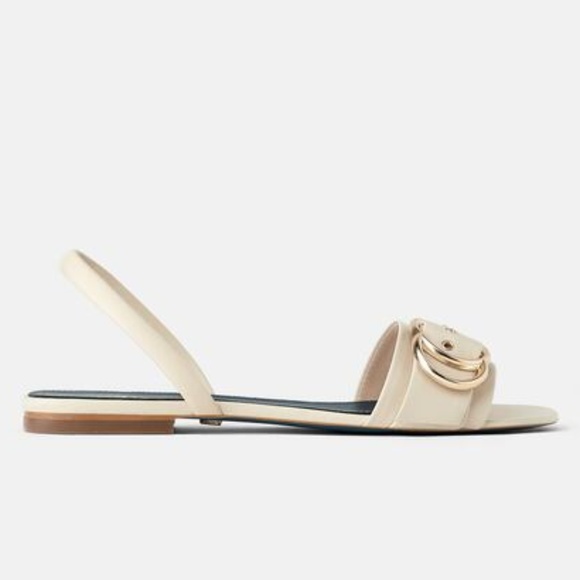 ZARA BLUE COLLECTION 100% LEATHER IVORY GOLD TONE BUCKLE SLIDES SANDALS - Picture 6 of 7
